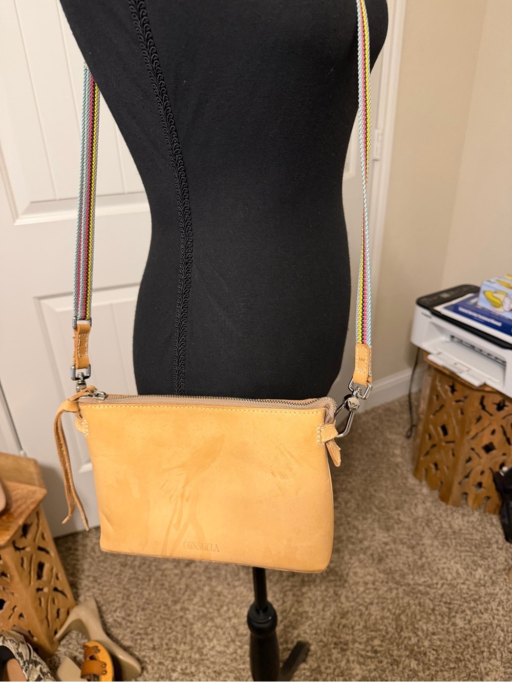 Consulea Leather Crossbody Bag with Multicolor Strap - Tan